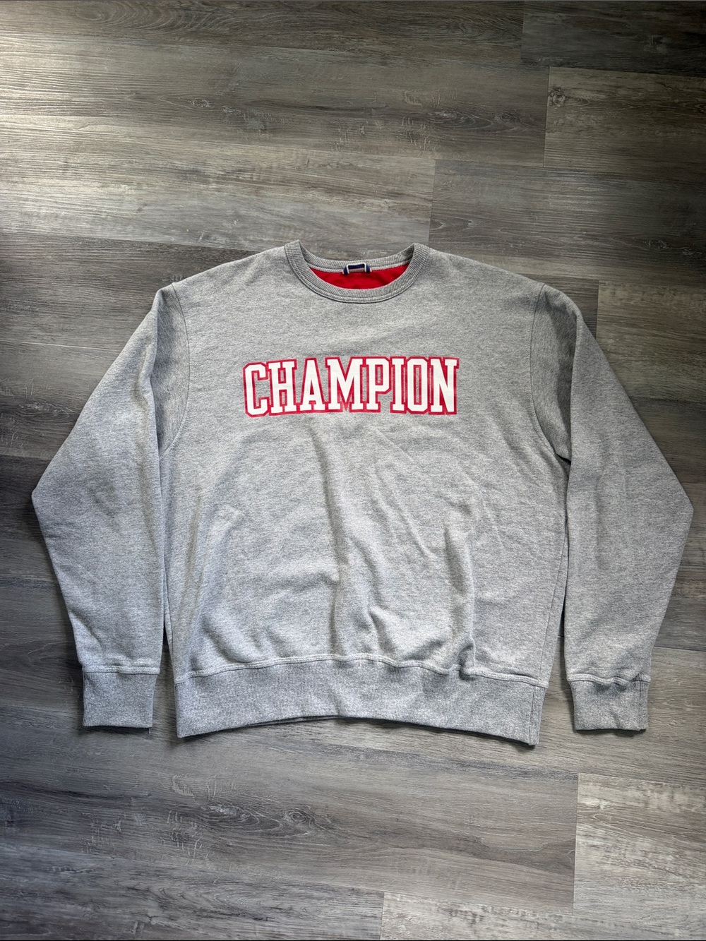 Champion Men’s Gray Crewneck Sweatshirt with Red Logo